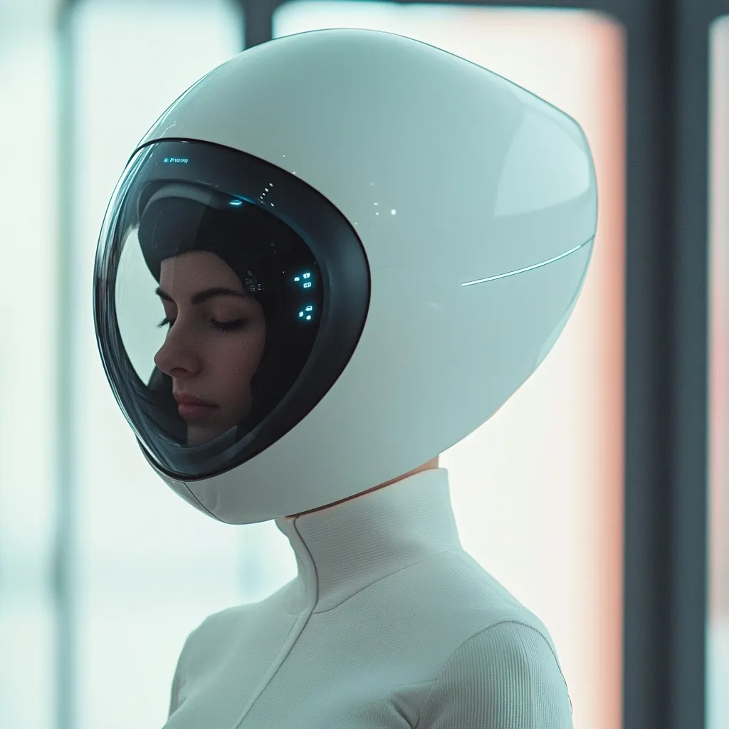 A woman in a futuristic, off-white helmet stands with her eyes closed. The helmet is sleek and smooth, featuring a large transparent visor that reveals her face.  Small, glowing blue lights are visible on the helmet's side. She's dressed in a matching white, high-necked jumpsuit, creating a minimalist, almost sterile aesthetic. The background is blurry, suggesting an interior space with large windows or doors. The overall image evokes a sense of science fiction or technological advancement.