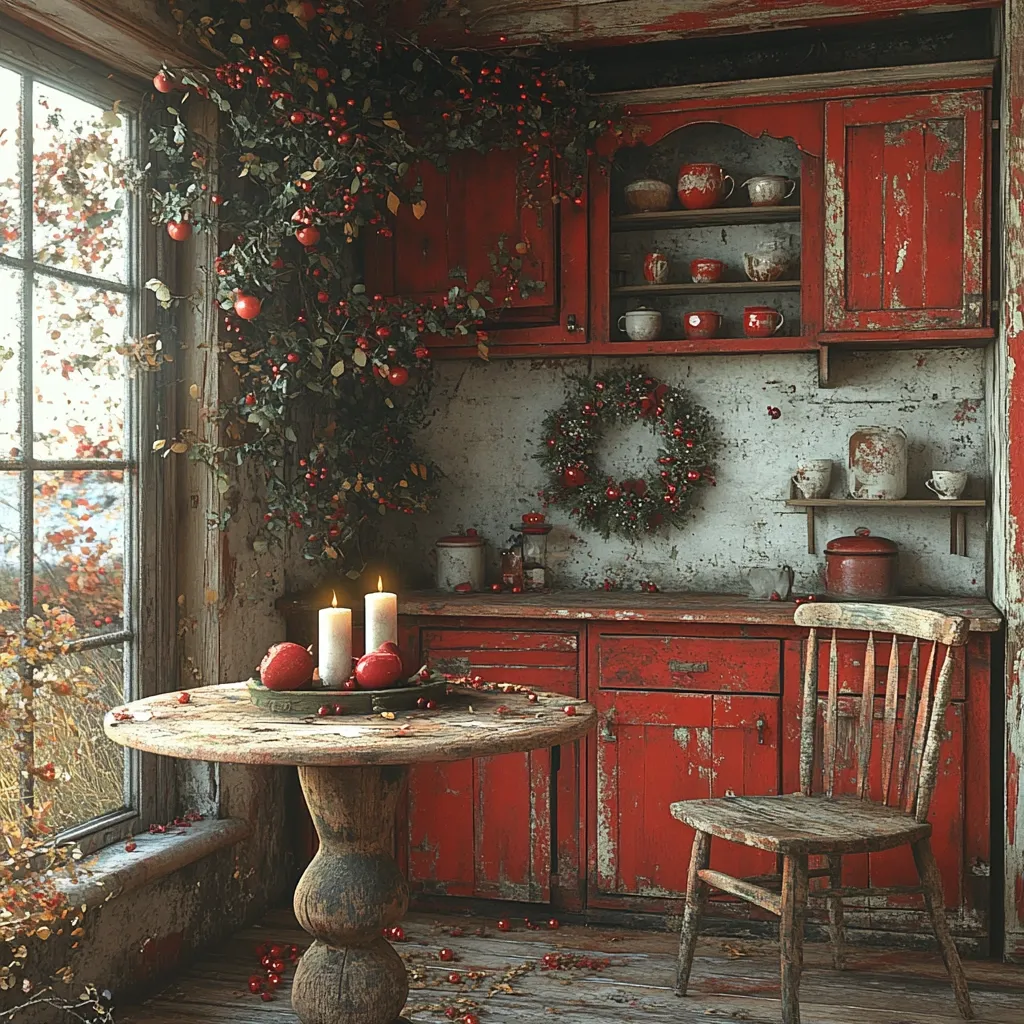 A rustic kitchen corner, bathed in soft light, features a weathered red cabinet filled with vintage crockery.  A wooden table sits beneath a window draped with a flowering vine bearing small red fruits, creating a festive autumnal scene. Two lit candles and red apples adorn the table, complemented by a Christmas wreath on the wall.  A worn wooden chair adds to the room's antique charm, suggesting a cozy and tranquil atmosphere.  The overall effect is one of peaceful, rustic beauty.