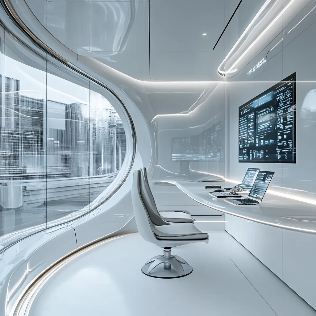 A futuristic office space is depicted, featuring a sleek, white design with curved walls and large windows offering a city view.  The room is dominated by a long, white desk equipped with multiple laptops and a large monitor displaying technical data. Two modern, ergonomic chairs face the desk.  The overall aesthetic is minimalist and technologically advanced, suggesting a high-tech workspace in a contemporary metropolis.  The lighting is soft and diffuse, enhancing the clean, futuristic feel.