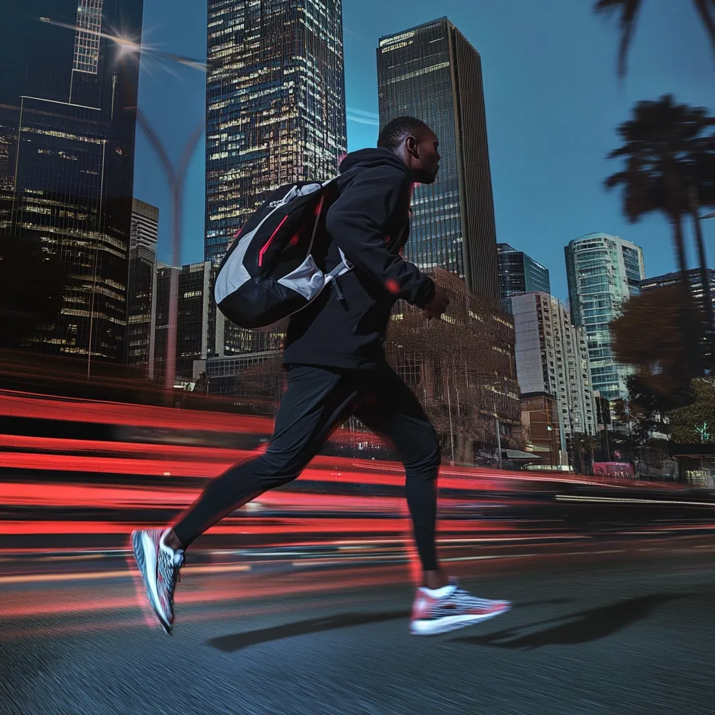 A young Black man with a backpack runs through a city at night.  His athletic build and running posture are evident as he strides purposefully forward.  The background features tall, illuminated skyscrapers, creating a vibrant contrast with the dark, almost shadowy figure of the runner. Red light trails from passing vehicles blur across the asphalt, suggesting speed and dynamism. Palm trees are partially visible in the background, adding a touch of tropical flair to the urban scene. The overall mood is energetic and urban.