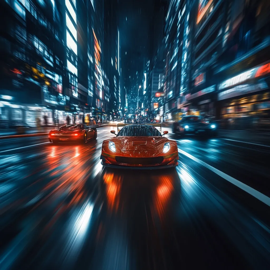 Here's a description of the image:

The image depicts a thrilling nighttime street race.  A vibrant orange sports car leads the pack, its headlights cutting through the rain-slicked asphalt.  A red sports car trails behind, both speeding through a neon-lit city street. Motion blur emphasizes the high speed, creating streaks of light and color that convey the intensity of the race.  The city's towering buildings and blurred signage add to the dynamic and exciting atmosphere. The overall effect is a visually captivating scene of adrenaline-fueled competition.