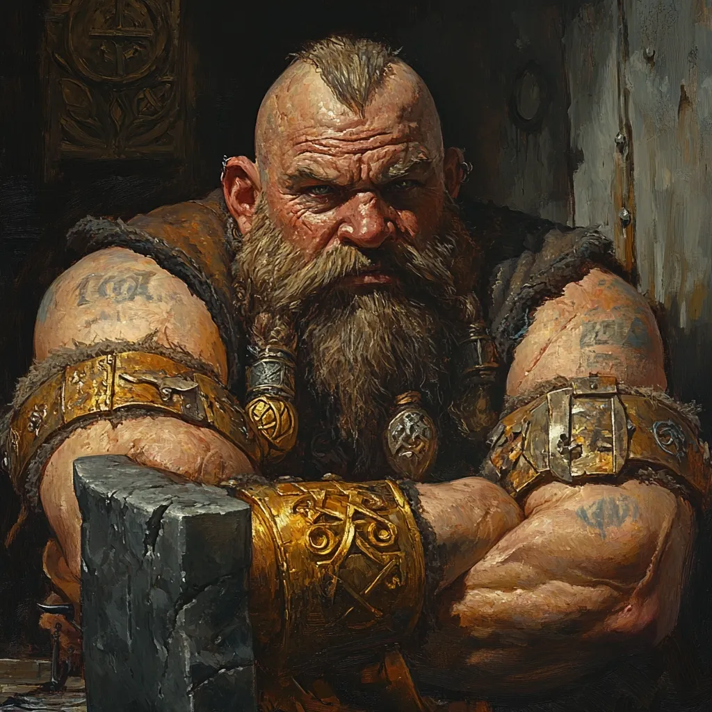 The painting depicts a powerfully built, middle-aged dwarf with a stern expression.  He has a shaved head with a mohawk, a long, thick beard, and numerous tattoos on his arms. He wears ornate gold armbands and leather clothing, suggesting a warrior or blacksmith. His arms are crossed, resting on a large, dark grey stone, possibly an anvil. The background is dark and indistinct, focusing attention on the dwarf’s imposing figure. The overall style is realistic and detailed, with a focus on texture and light.