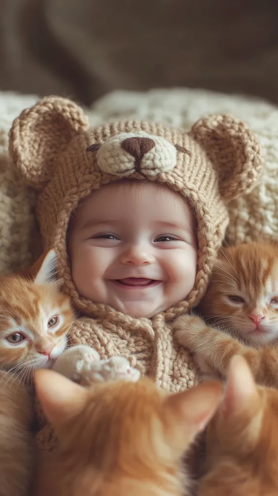 A smiling baby, wearing an adorable hand-knitted bear-hooded sweater, is nestled amongst three ginger kittens.  The baby's joy is infectious, mirrored by the calm contentment of the kittens who are snuggled close. The soft, warm lighting and muted tones of the setting create a peaceful and heartwarming scene, emphasizing the tender bond between the infant and the animals.
