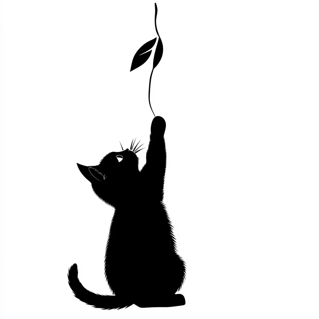 Here's a description of the image:

The image is a minimalist black and white silhouette of a playful kitten.  The kitten is depicted on its hind legs, reaching up towards a dangling stem with a small leaf at the top.  The kitten's pose suggests curiosity and a playful attempt to bat at the leaf. The overall style is simple, elegant, and evocative of feline charm. The stark contrast between the black silhouette and white background emphasizes the subject.