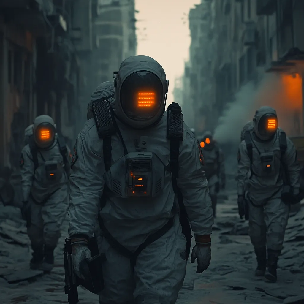 A group of astronauts in futuristic, gray suits with glowing orange visors walk down a desolate, smoke-filled city street. The lead astronaut is in sharp focus, their suit detailed with technological elements. The background is blurred but shows a ruined urban landscape. The overall atmosphere is dark, gritty, and suggestive of a post-apocalyptic or dystopian setting.  The image has a cinematic, almost science fiction film still quality.