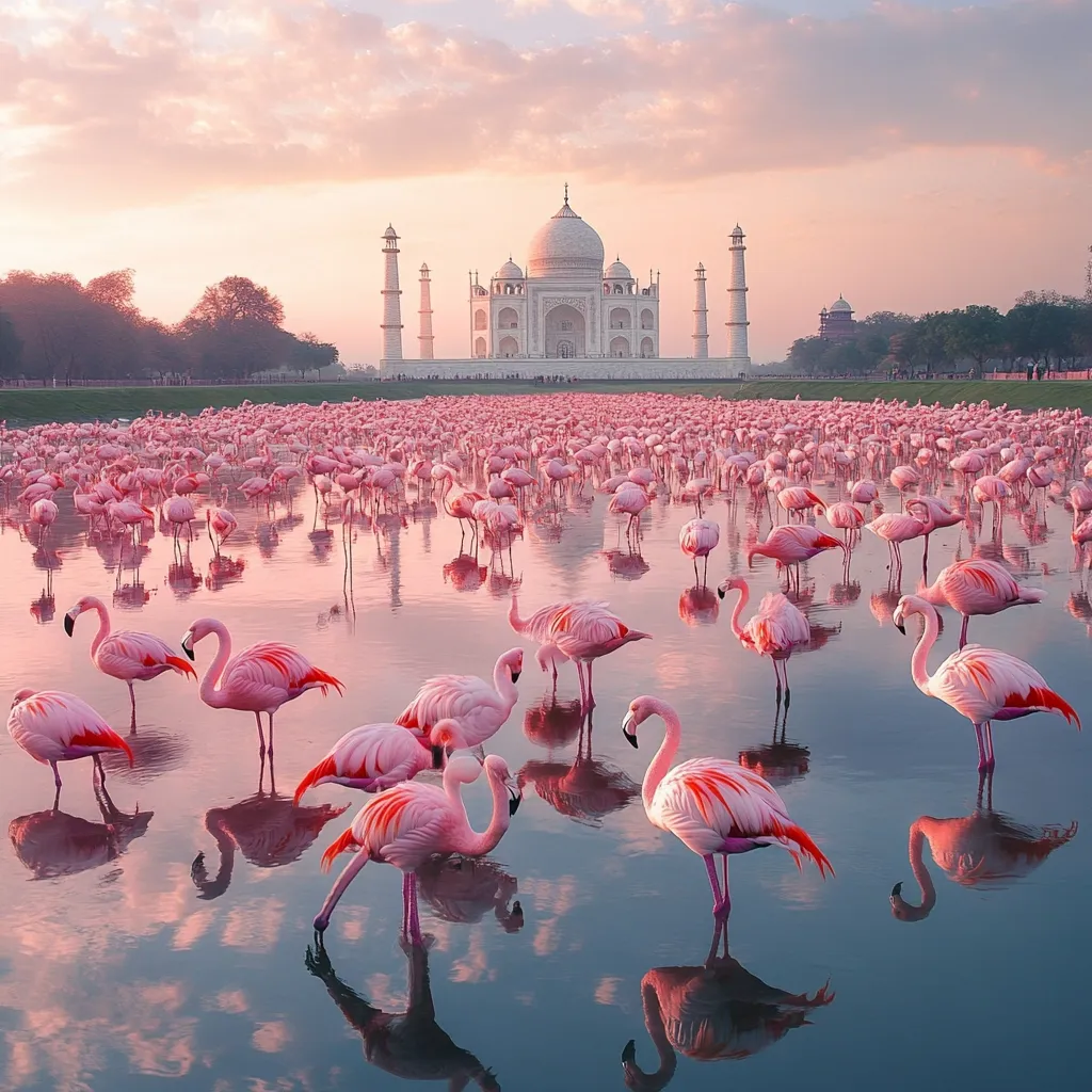 Here's a description of the image:

The image showcases a breathtaking scene at sunrise.  A large flock of pink flamingos occupies the foreground, their reflections mirrored perfectly in the still water. In the background, the majestic Taj Mahal stands in all its white marble glory under a soft pink sky. The serene atmosphere, with the soft light and tranquil water, creates a stunning juxtaposition of nature and architecture. The overall effect is one of peaceful beauty and harmonious contrast.