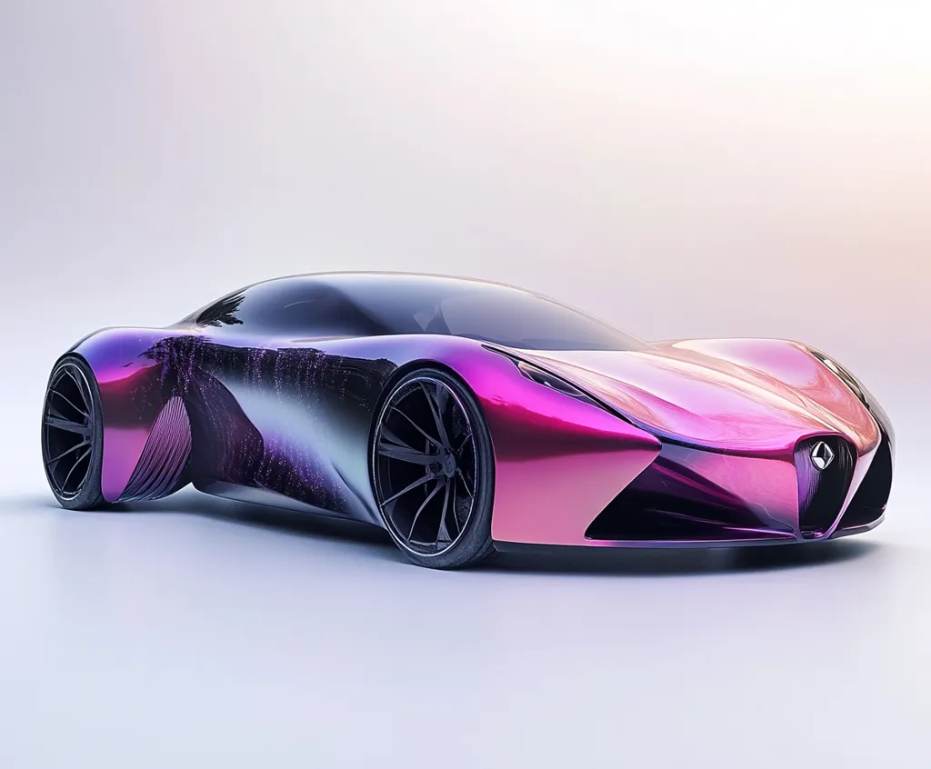 Here is a description of the image:

The image shows a futuristic concept car, sleek and low to the ground. Its body is a captivating blend of deep purple and pink, with a unique, iridescent finish.  A dark, almost black, abstract design flows along the side, creating a striking contrast against the vibrant metallic paint. The car's design is aerodynamic, with smooth curves and sharp lines. The large, dark wheels are accentuated by the car's low profile.  The overall aesthetic is one of luxury and high-performance, set against a simple, bright white background.