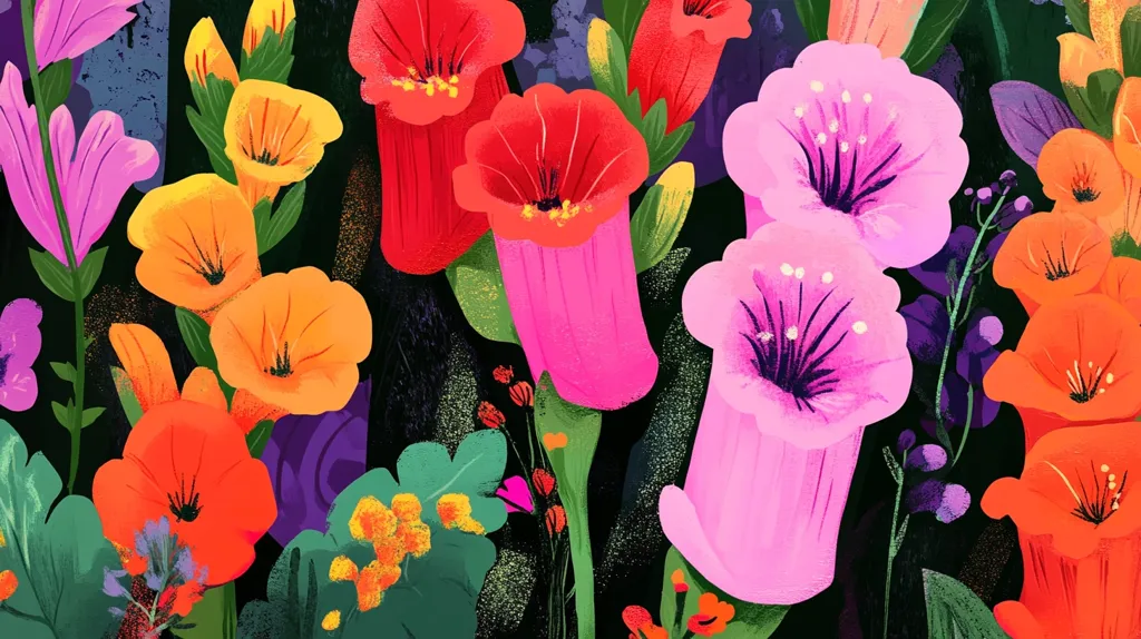 A vibrant illustration showcases a profusion of stylized flowers in a dark setting.  Predominantly orange, pink, and red blossoms dominate the composition, rendered with bold strokes and saturated colors.  The flowers are depicted in a somewhat abstract manner, with a focus on shape and color rather than photorealistic detail.  Smaller, contrasting green leaves and buds provide visual interest, creating a dense and lively floral arrangement. The overall effect is one of intense color and organic movement.