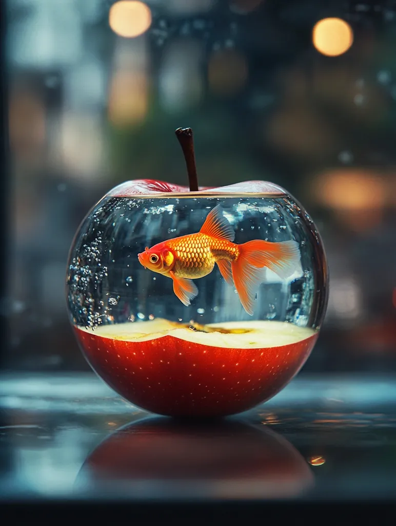 A single goldfish swims in a uniquely crafted glass fishbowl.  The bowl is fashioned from a hollowed-out red apple, its stem still intact.  The apple-bowl sits on a dark, reflective surface, with a blurred bokeh background suggesting an indoor setting near a window. Bubbles are visible within the water, adding to the surreal and artistic presentation of this unusual goldfish habitat. The overall mood is whimsical and slightly melancholic.