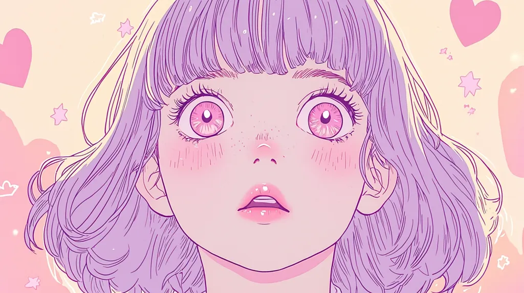 The image is an illustration of a young girl's face, done in an anime style.  Her large, wide eyes are a striking pink, framed by long, light purple hair styled in a bob with soft curls.  Her cheeks are rosy, and her expression is one of wide-eyed surprise or wonder. The background features a pastel pink and yellow color scheme, adorned with simple hearts and stars, contributing to an overall sweet and dreamy aesthetic. The linework is delicate and the color palette is soft and muted.