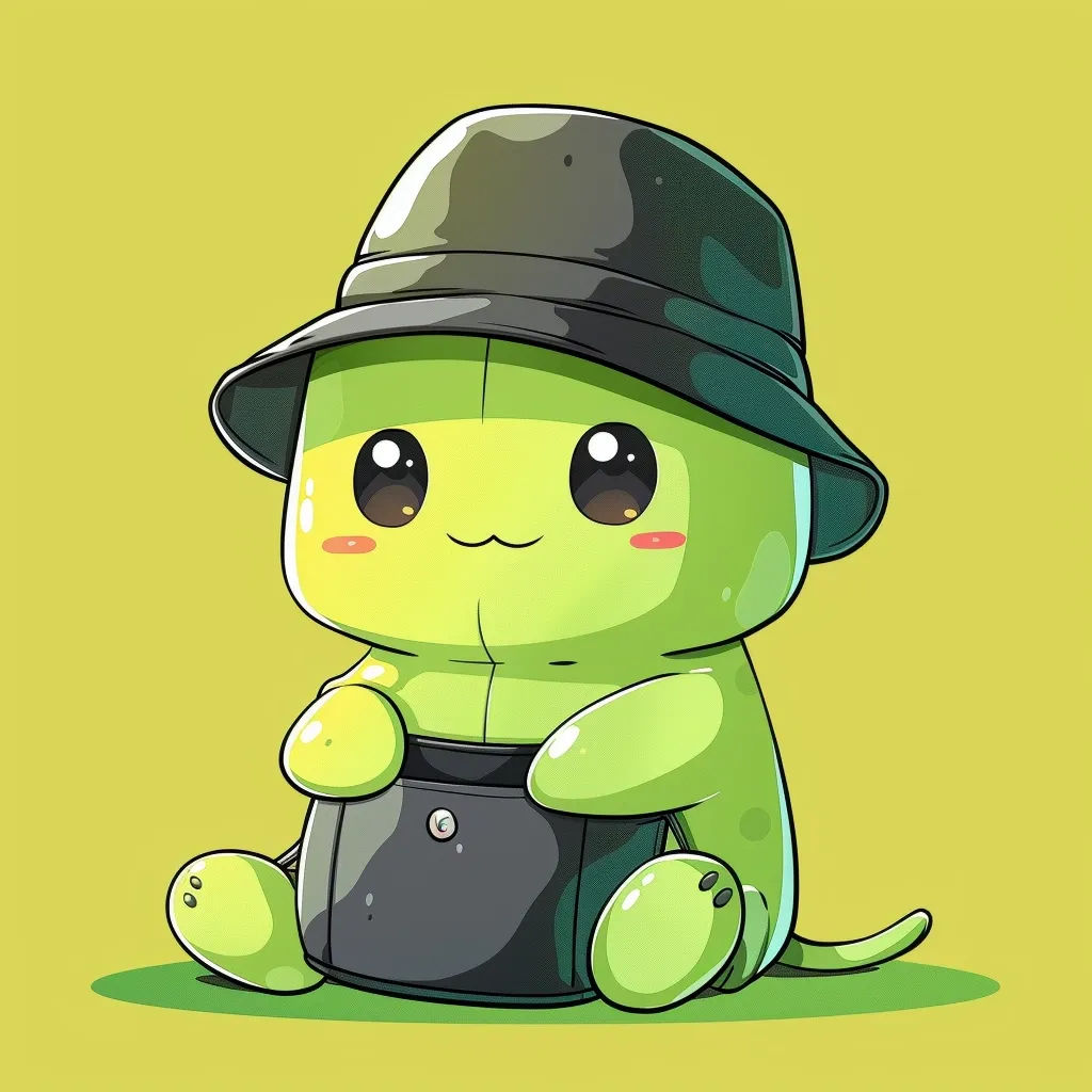 Here's a description of the image:

The illustration showcases an adorable, cartoonish creature.  It's lime green, with a rounded, plush-like appearance, large expressive eyes, and a small, happy mouth.  The creature is wearing a dark gray bucket hat and is seated, clutching a dark gray satchel or small bag. Its design is reminiscent of a stuffed animal, with simple, rounded limbs and a slightly elongated tail. The background is a solid, pale yellowish-green. The overall style is cute and appealing, with bright, cheerful colors.