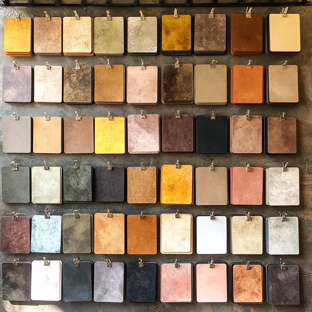 A wall display showcases a meticulously arranged collection of small, square samples.  Each sample exhibits a unique, subtly varied earth tone, ranging from deep browns and ochres to muted pinks and greys.  The samples are uniformly sized and neatly clipped to a dark grey background, creating a visually appealing grid pattern.  The overall impression is one of sophisticated color palettes, perhaps for interior design or textile selection.