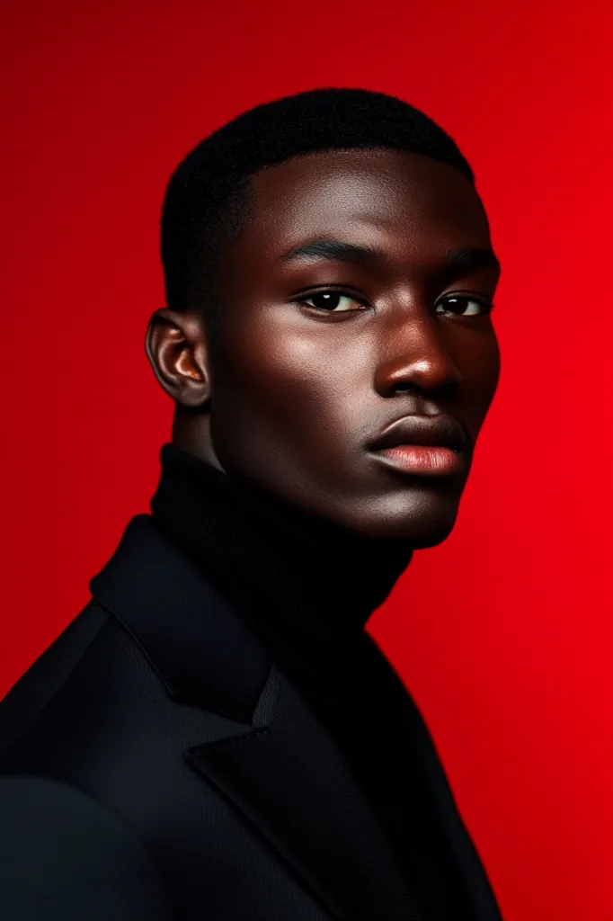 Here's a description of the image:

Close-up portrait of a young Black man against a vibrant red background.  He’s wearing a black turtleneck and blazer, his gaze directed slightly away from the camera. His expression is serious and composed. The contrast between his dark skin and clothing against the bright red creates a striking and dramatic effect.  The image is sharply focused, highlighting the texture of his skin and the fabric. The overall mood is sophisticated and intense.