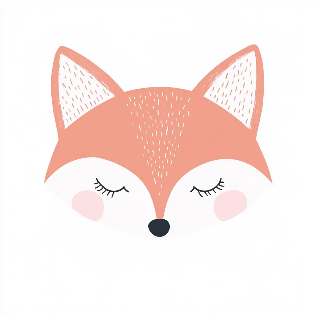 Here's a description of the image:

The illustration depicts a stylized fox's face, presented in a minimalist style against a white background. The fox has a light coral-colored coat, rendered with textured brushstrokes that give it a soft, slightly fuzzy appearance. Its eyes are closed, with small, delicate eyelashes, and it has small, blush-like pink cheeks. The nose is simple, a small black triangle. The overall aesthetic is cute and childlike, suitable for children's books, apparel, or home decor. The fox's expression conveys a sense of peacefulness or sleepiness.
