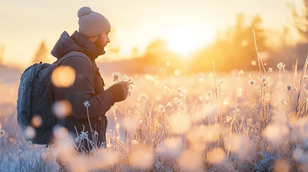 A man wearing a winter hat and jacket stands in a frosty field at sunrise.  He carries a backpack and gently holds some frost-covered plants. The warm golden light of the rising sun bathes the scene, creating a peaceful and serene atmosphere. The field stretches into the distance, filled with delicate, icy plants.  The overall impression is one of quiet contemplation and the beauty of a winter morning.