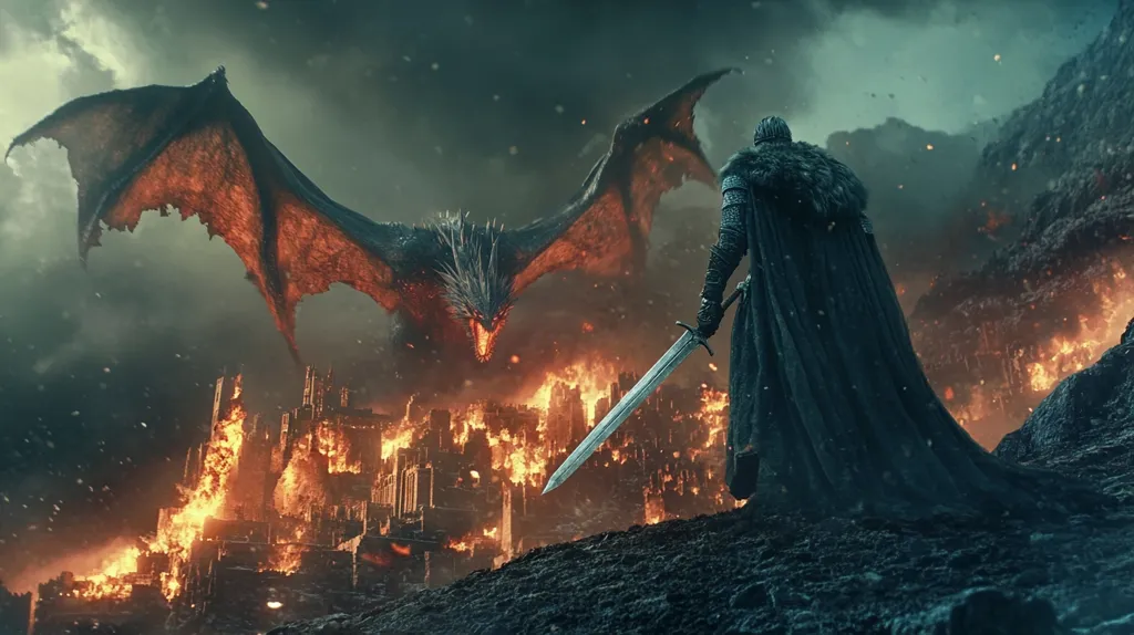 A lone warrior, cloaked and armed with a longsword, stands defiantly before a massive, fiery dragon.  The dragon's wings are spread wide, casting a shadow over a city engulfed in flames.  The scene is dramatic and dark, suggesting a battle between good and evil, or a last stand against overwhelming power. The overall atmosphere is one of impending doom and epic struggle.