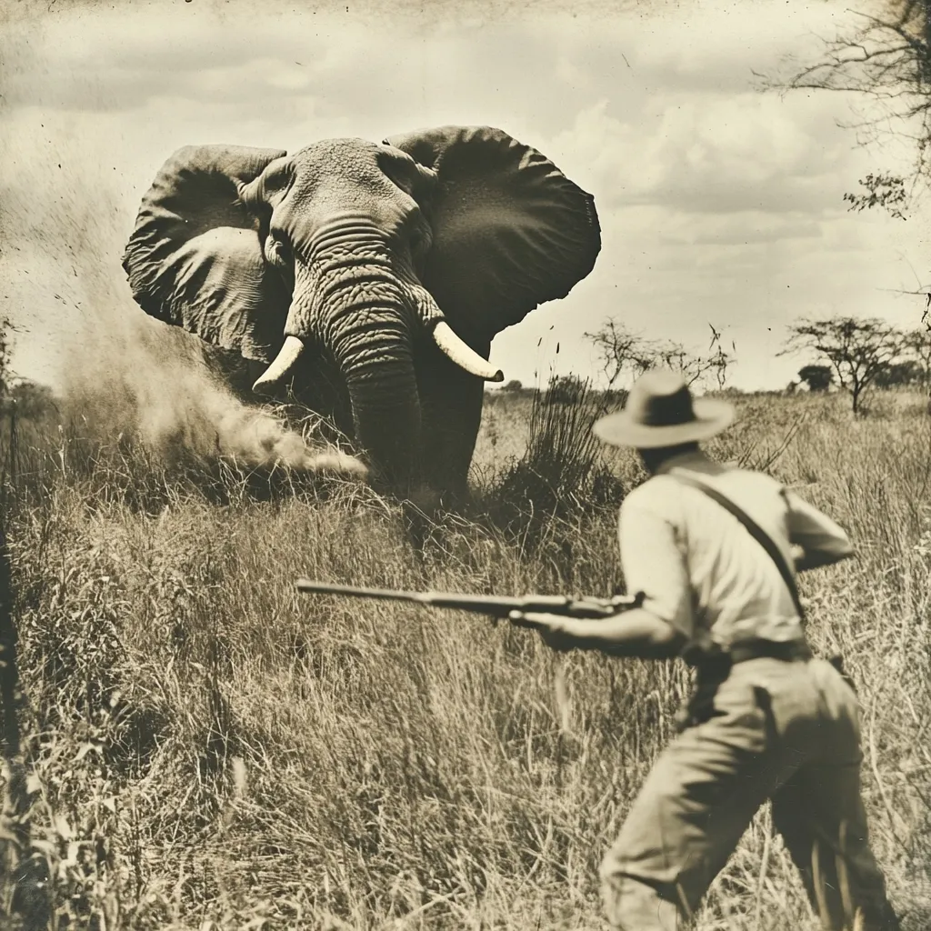Here's a description of the image:

A sepia-toned photograph captures a tense moment in the African savanna. A large bull elephant, charging through tall grass, dominates the foreground. Dust billows around its massive legs.  Facing it is a hunter, partially obscured, aiming a rifle. The hunter is dressed in light-colored colonial-era attire, a wide-brimmed hat shading his face.  The background features a sparse, dry landscape with scattered trees under a cloudy sky, suggesting a hot, dusty day. The image evokes a sense of danger and the historical context of big-game hunting.