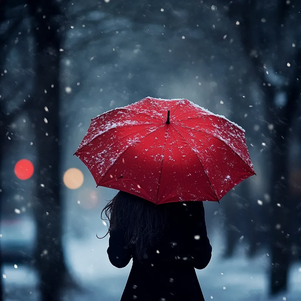 Here's a description of the image:

The photograph captures a solitary figure from behind, their long dark hair cascading down their back.  They are enveloped in a vibrant red umbrella, dusted with a light layer of snow, offering a striking contrast to the muted winter landscape.  Snowflakes gently fall around them, blurring the background of dark trees and softly lit streetlights. The overall mood is serene yet melancholic, emphasizing the beauty of a snowy day and the intimacy of a single person amidst a winter scene.