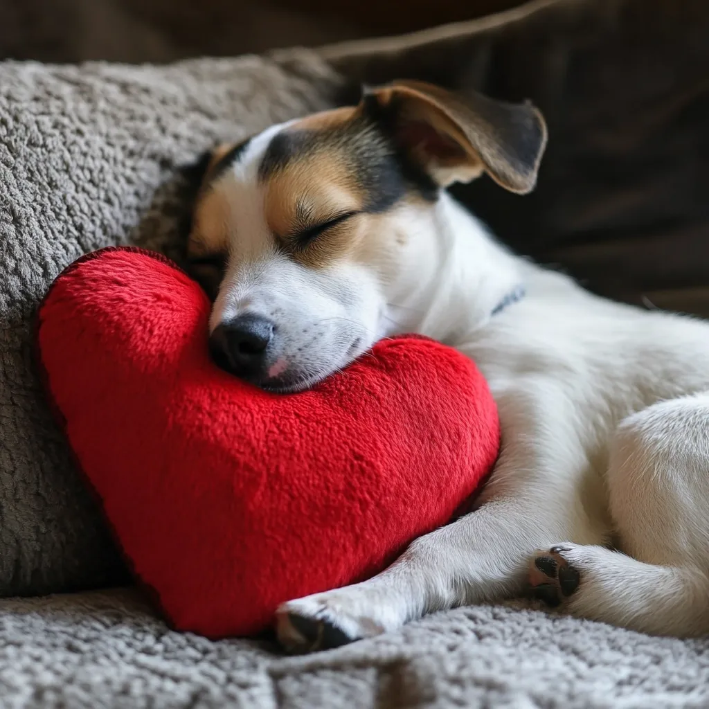 A small, white and tan Jack Russell Terrier puppy sleeps peacefully, its head resting on a plush red heart-shaped pillow.  Its eyes are closed, and its body is curled comfortably.  The dog is nestled on a gray, plush surface, suggesting a cozy and loving environment. The overall image conveys a sense of warmth, affection, and contentment.