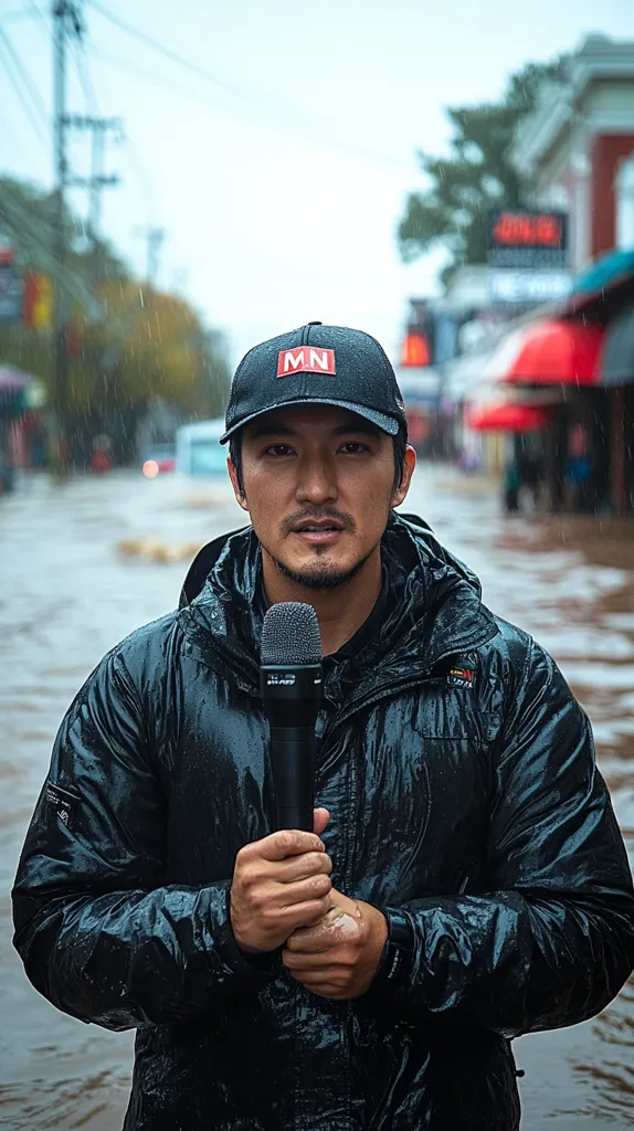 A man in a dark, rain-soaked jacket and black baseball cap with "MN" on it stands in floodwaters. He holds a microphone, suggesting he's a reporter covering a flood event.  The background shows a rain-lashed street scene, with buildings and flooded roadways partially visible. The overall mood is somber and reflects the severity of the weather.  His expression is serious and focused on his reporting task.