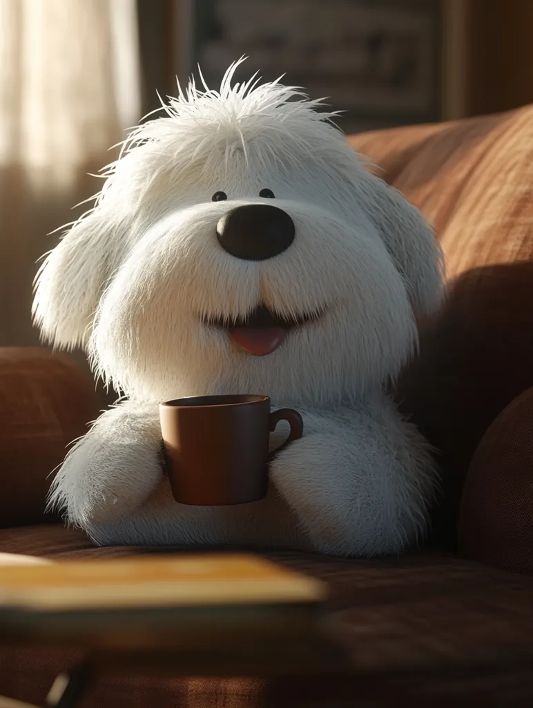 Here's a description of the image:

A charming, fluffy, white dog, seemingly a digitally rendered character, sits contentedly on a brown couch.  Its expression is cheerful, with a happy grin and tongue slightly showing. The dog holds a brown mug in its paws, suggesting a warm beverage.  The background is slightly blurred, showing hints of a window and room furnishings, creating a cozy atmosphere. The overall style is cute and inviting, with warm lighting emphasizing the soft fur of the animal. The scene is peaceful and domestic.