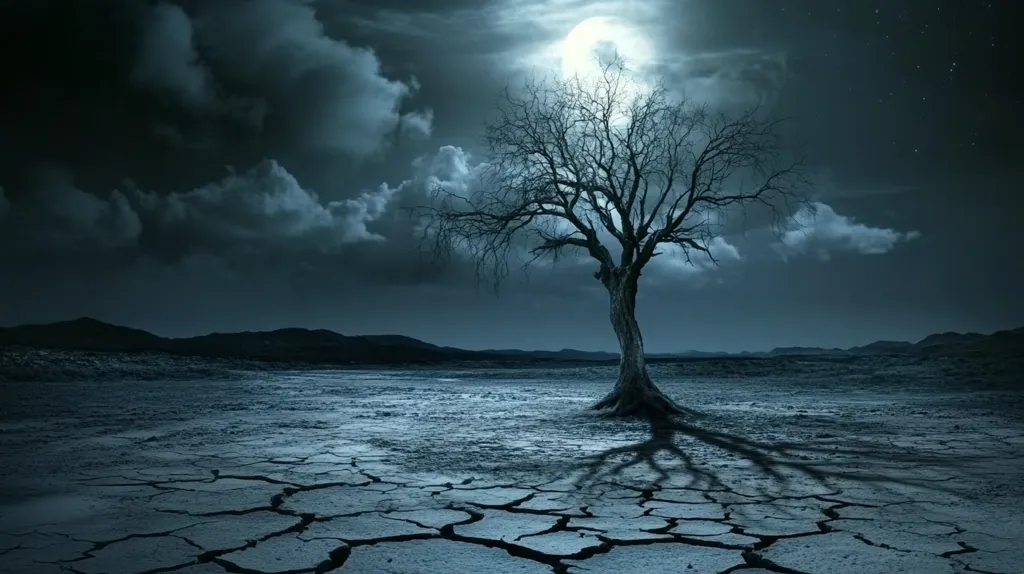 A barren, cracked landscape stretches under a full moon.  A lone, leafless tree stands in the foreground, its shadow stretching long across the dry earth.  Dark clouds fill the night sky, adding to the desolate mood. The scene evokes feelings of loneliness, isolation, and the harshness of a dry, arid climate. The stark contrast between the bright moon and the dark landscape emphasizes the emptiness of the scene.