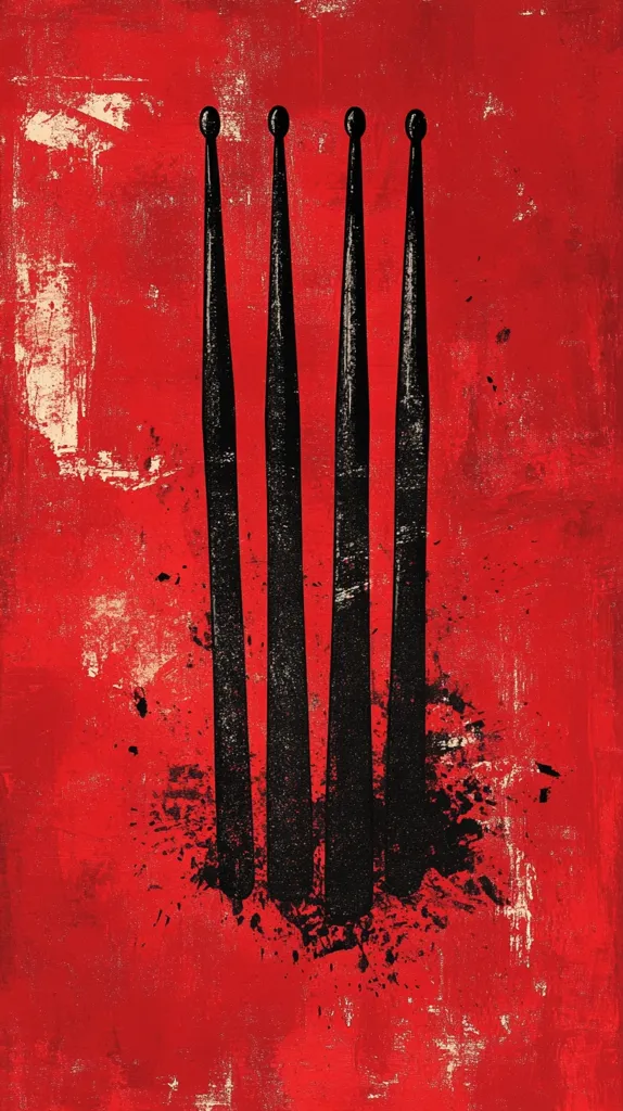 Here's a description of the image:

The image is an abstract artwork featuring four black drumsticks prominently displayed against a vibrant red background. The red background has a textured, distressed look, with areas of lighter red and off-white creating a sense of age and wear. The drumsticks are rendered in a bold, graphic style, appearing almost as if they are painted or printed onto the surface.  A black splatter effect surrounds the base of the drumsticks, adding to the overall textured and energetic feel of the piece. The overall effect is visually striking and powerful.