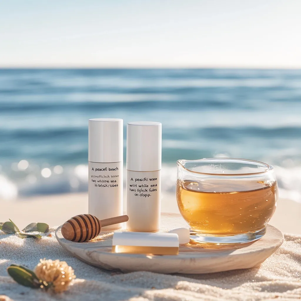 Here's a description of the image:

A tranquil beach scene is depicted, with the gentle ocean waves in the background. In the foreground, two slender, white tubes of what appears to be skincare products rest on a light wooden tray.  The tubes feature minimalist text describing a "peaceful beach scene."  Next to them sits a small honey dipper on a wooden stand, and a glass carafe filled with amber liquid, likely honey-infused tea, completes the serene and aesthetically pleasing composition. The overall feel is one of calm and natural beauty.