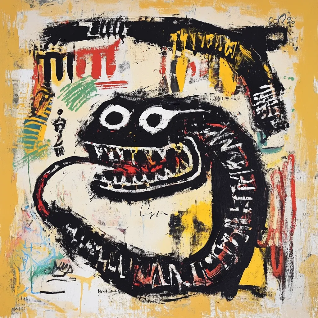 Here's a description of the image:

The artwork is an abstract expressionist painting featuring a dominant, stylized creature resembling a snarling beast or monster.  Its form is predominantly black and outlined in thick strokes, with a gaping, red-toothed maw and large, white eyes. The creature's body curves into a circular shape.  The background is a pale yellow ochre, overlaid with splashes of color, including red, green, and yellow, and various abstract markings and scribbles that add to its chaotic yet energetic vibe. The style is raw and expressive, characteristic of gestural painting.  The overall impression is one of primal energy and possibly, a sense of unease or powerful presence.