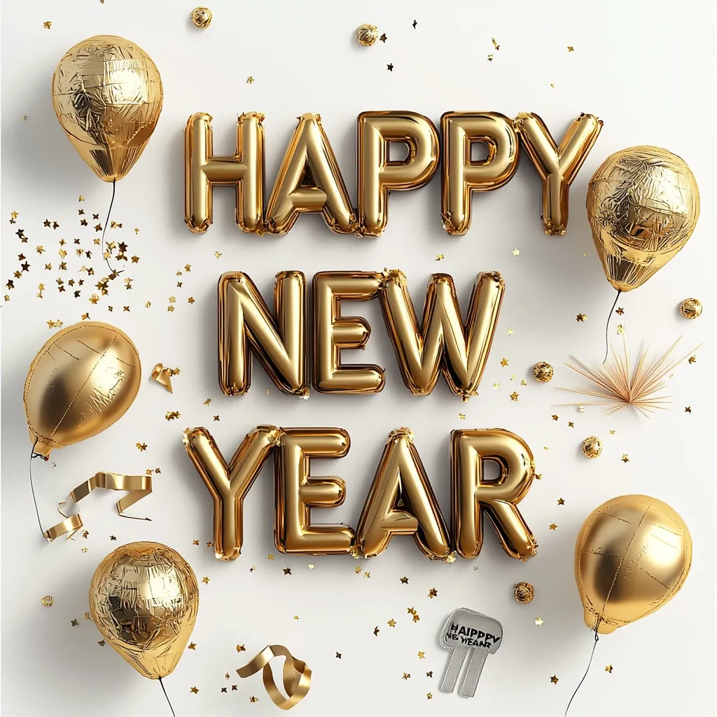 Here's a description of the image:

The image is a festive New Year's greeting.  Gold foil balloons spelling out "HAPPY NEW YEAR" are arranged centrally on a white background.  Smaller gold balloons and confetti are scattered around the letters, adding to the celebratory atmosphere.  Gold ribbons and a miniature "Happy New Year" key add playful detail. The overall style is elegant and sophisticated, perfect for a holiday card or advertisement.