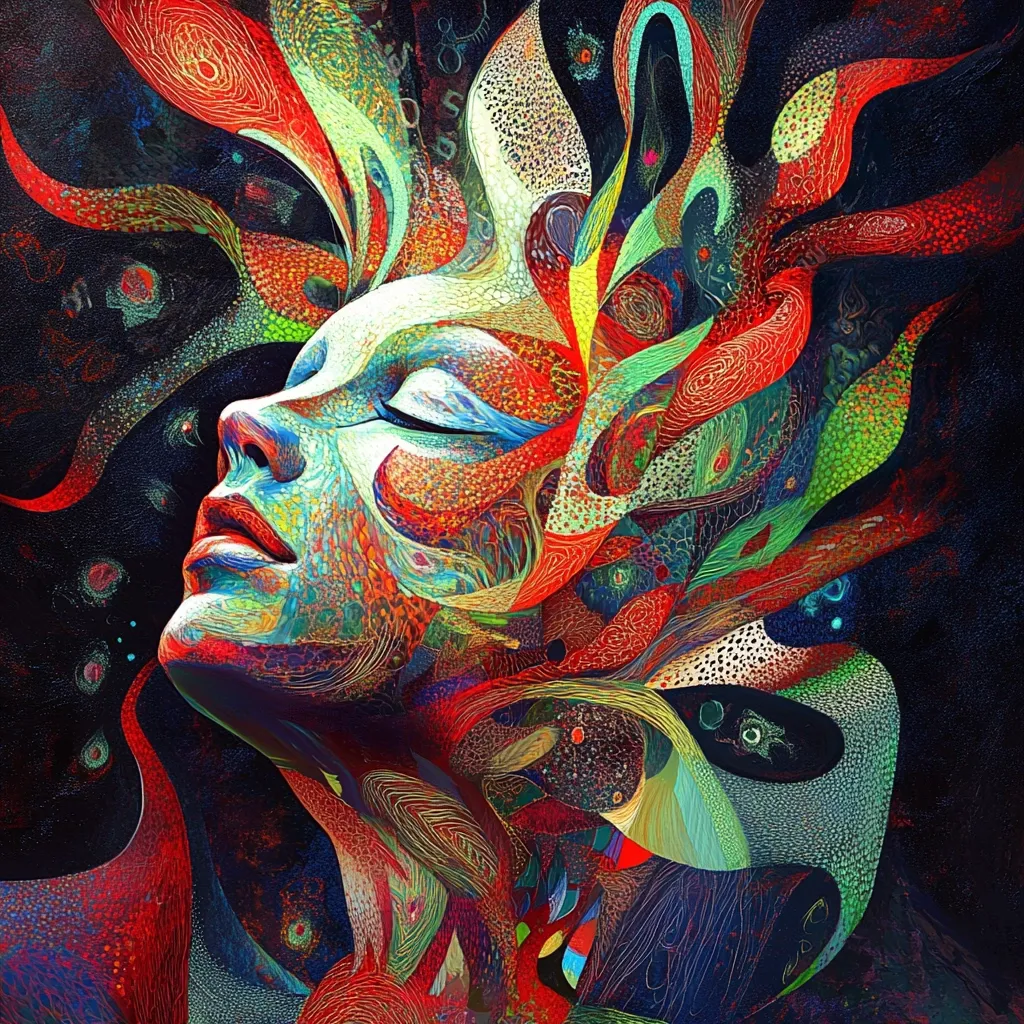 Here's a description of the image:

The artwork is a vibrant, abstract portrait of a woman's face. Her features are stylized and seamlessly integrated with swirling, multicolored patterns reminiscent of flames or organic growth.  The color palette is rich, using intense reds, oranges, greens, blues, and yellows.  The background is dark, enhancing the luminescence of the face and the intricate details in the patterns. The overall style suggests a blend of surrealism and digital art, conveying a sense of energy, fluidity, and inner life.