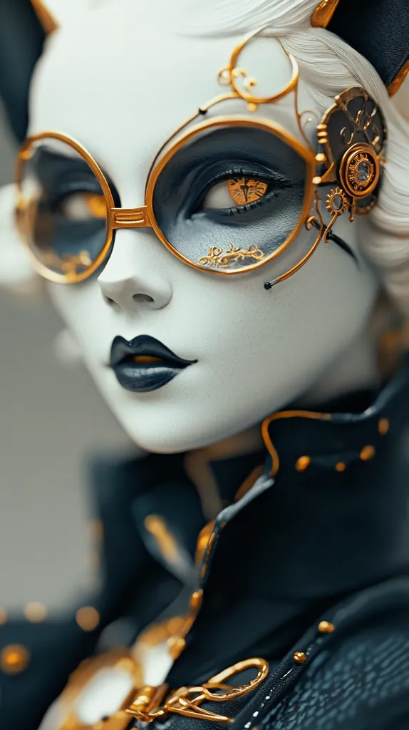 Close-up of a stylized female figure, possibly a digital rendering or illustration.  She possesses pale skin, dark lipstick, and striking gold and black steampunk-inspired goggles with intricate clockwork details adorning the frame. Her attire is dark, textured, and seemingly crafted from a rich fabric. The overall aesthetic is dark, elegant, and futuristic, with a strong emphasis on detail and ornate design elements.  Her expression is neutral, yet intriguing.