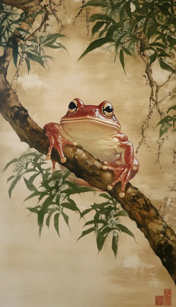 Here's a description of the image:

The artwork depicts a vibrant reddish-brown frog perched serenely on a tree branch. Its large, expressive eyes are striking against the muted background. The frog is rendered with meticulous detail, highlighting its textured skin and the delicate positioning of its limbs. The branch, thick and textured, suggests age and strength. The background is a soft, earthy tone with delicately painted foliage, possibly bamboo, creating a tranquil and slightly misty atmosphere, reminiscent of East Asian ink wash painting styles. The overall impression is one of quiet contemplation and natural beauty.