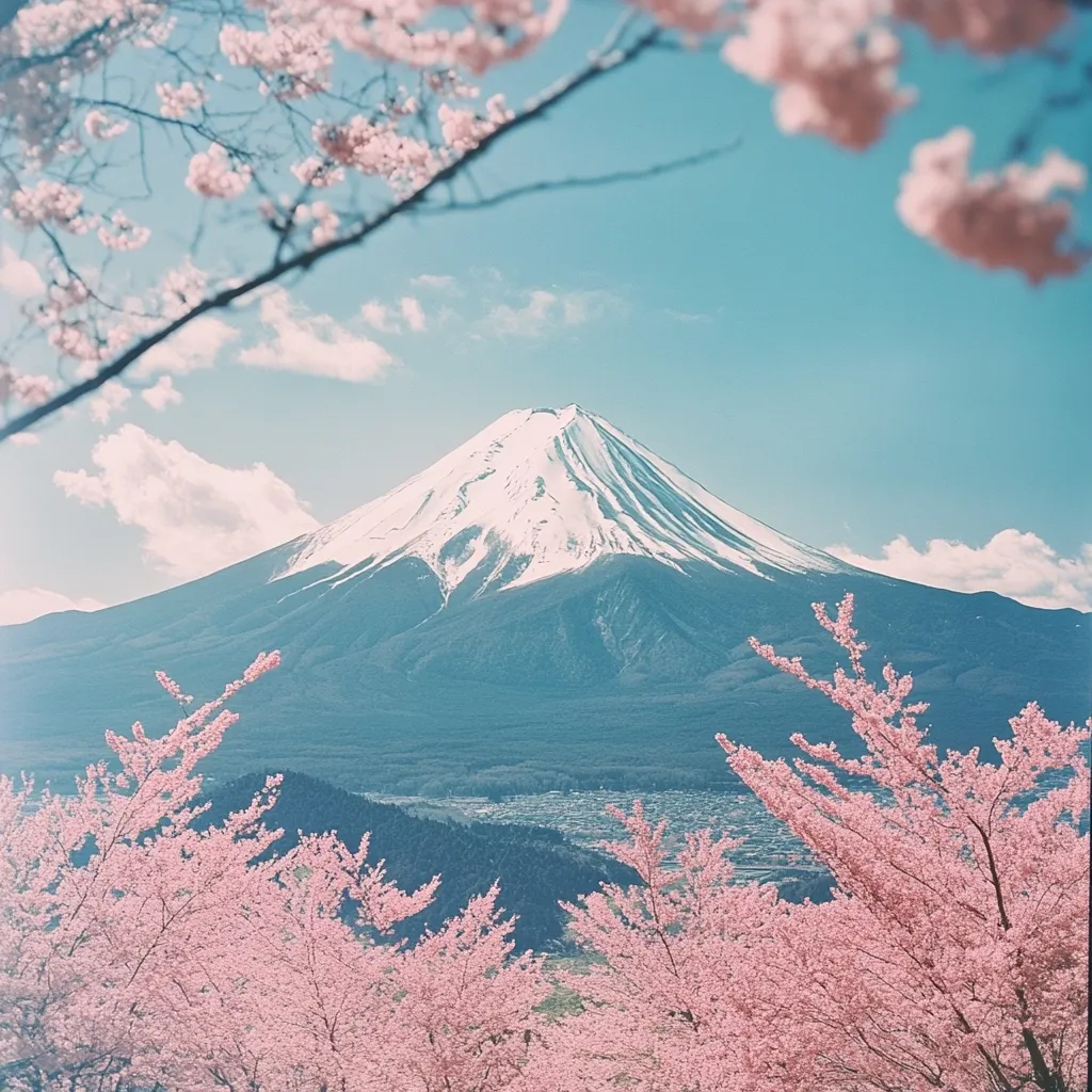 Here's a description of the image:

The photograph showcases a breathtaking view of Mount Fuji in Japan, its snow-capped peak rising majestically against a clear, light-blue sky.  Delicate, pale pink cherry blossoms frame the lower portion of the image, creating a beautiful contrast against the mountain's imposing form. The sky is mostly clear with a few wispy clouds, and the overall tone of the picture is serene and peaceful, evoking a sense of tranquility and the beauty of nature.  The foreground is filled with blossoming cherry trees, adding a vibrant touch to the landscape.