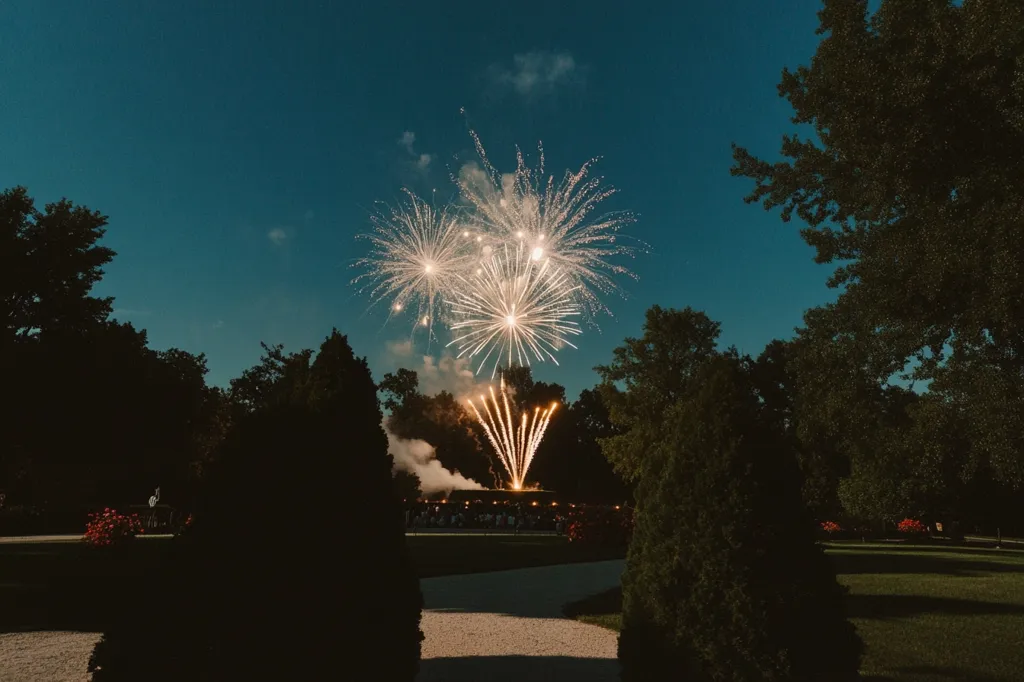 A vibrant fireworks display illuminates the twilight sky above a lush, dark green landscape.  Several bursts of white and gold fireworks explode against the deep blue, creating a breathtaking spectacle.  Silhouetted trees frame the scene, their branches reaching towards the radiant pyrotechnics.  A gathering of people is visible in the distance, subtly highlighted by the fireworks' glow.  The overall atmosphere is celebratory and serene.