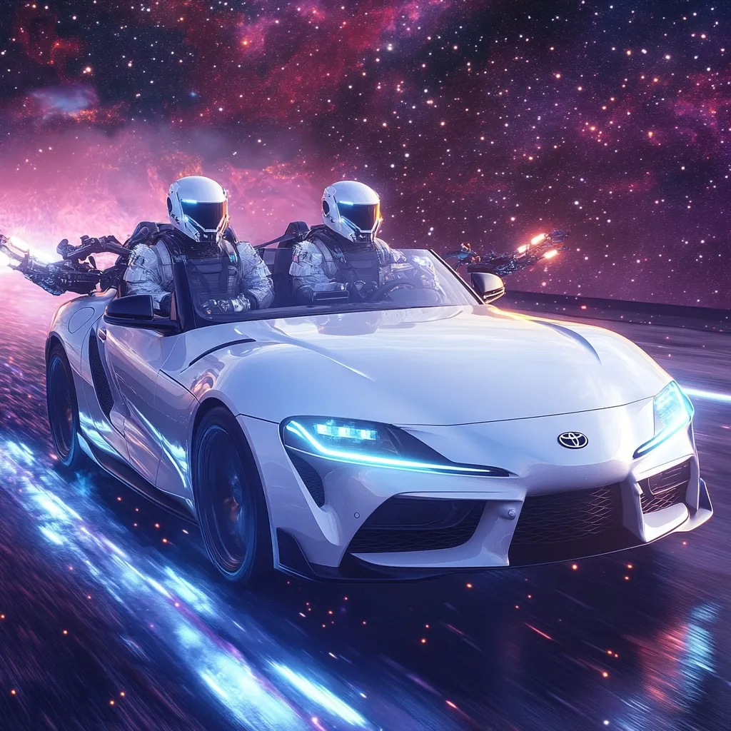 Here's a description of the image:

A futuristic digital artwork depicts two astronauts in white helmets driving a white Toyota Supra convertible through space.  The car streaks across a cosmic background of purple and pink nebulae, leaving glowing blue trails.  The astronauts wield futuristic weaponry attached to the car, adding to the dynamic and otherworldly scene. The overall style is vibrant, energetic, and suggestive of a science fiction adventure.