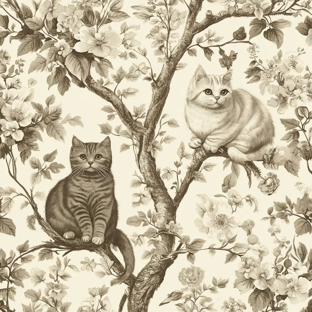 Here's a description of the image:

The image showcases a sepia-toned, almost monochrome, floral print featuring two cats perched on the branches of a flowering tree. The cats, rendered in a detailed, almost pencil-sketch style, are the focal points, one appearing tabby and the other a lighter, possibly long-haired breed. They sit serenely amidst blossoms that resemble roses and other spring flowers, intricately detailed and covering the background. The overall aesthetic is elegant and reminiscent of vintage botanical illustrations or wallpaper designs. The tree branches are dark and gnarled, contrasting against the light background and delicate flowers. The pattern repeats, suggesting it's intended for fabric or wallpaper use.