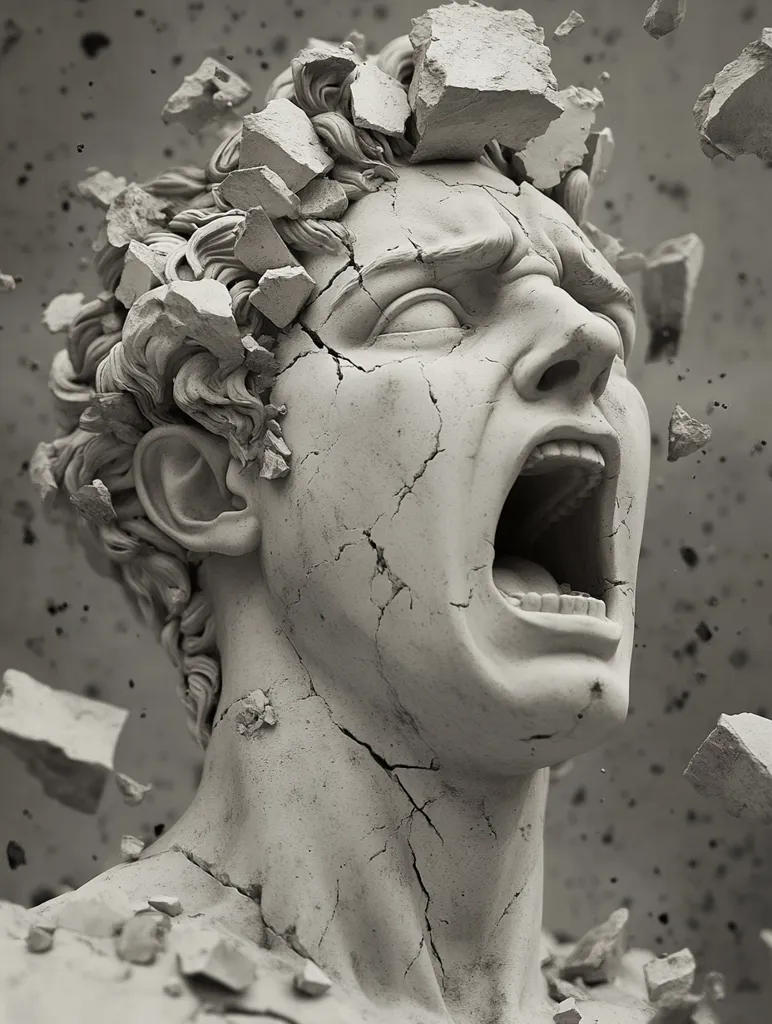Here's a description of the image:

The image shows a meticulously detailed, 3D-rendered sculpture of a man's head and upper torso, seemingly carved from stone.  The statue is in the process of disintegration; large and small fragments are breaking away from its surface, particularly from the head and shoulders.  The man's expression is one of intense agony, his mouth wide open in a silent scream. The cracks in the stone run throughout the piece, adding to the sense of destruction and inner turmoil. The background is a mottled gray, suggesting a crumbling or dusty environment that mirrors the state of the statue itself.  The overall effect is dramatic and evokes feelings of fragility, pain, and disintegration.