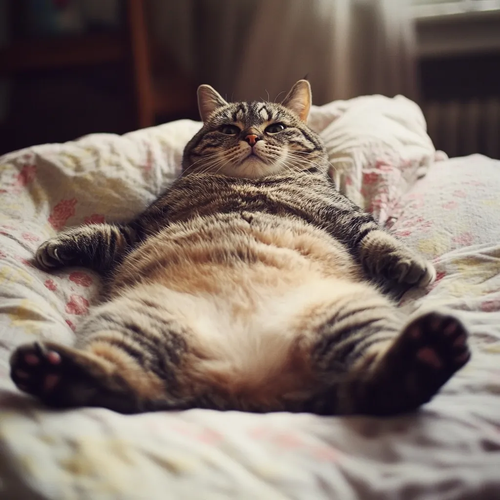 A chubby tabby cat luxuriates on a bed, sprawled on its back with paws outstretched.  Its relaxed posture and contented expression suggest a deep state of comfort and contentment. The soft, patterned bedding provides a cozy backdrop to the cat's plush belly and striped fur.  The overall image evokes feelings of warmth, relaxation, and feline bliss.