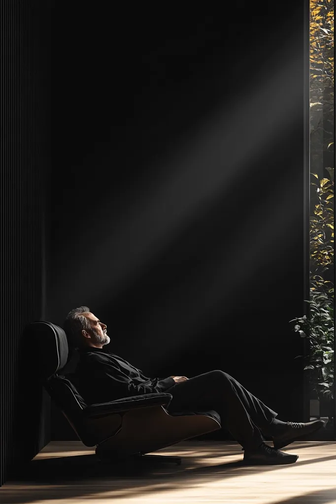 Here's a description of the image:

A man with graying hair and a beard reclines in a dark leather armchair, his eyes closed, suggesting relaxation or contemplation. He's dressed in dark clothing, blending seamlessly with the chair and the overwhelmingly dark room.  Sunlight streams through a nearby window, illuminating dust motes in the air and casting dramatic light and shadow across the scene. The minimalist setting features a dark wall with vertical lines, contrasting with the natural light and the man's peaceful posture.  The overall mood is serene and contemplative.