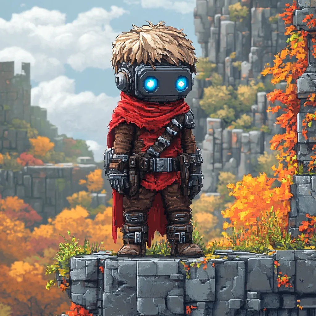 Here's a description of the image:

The image is a pixel art depiction of a small, robotic-looking character standing on a stone ledge. The character has blond hair, a red cloak, and a dark gray, metallic body with glowing blue eyes.  It wears brown boots and a utility belt. The background is a picturesque autumnal landscape featuring rocky cliffs, muted greens, and vibrant orange and yellow foliage. The overall style is reminiscent of indie video game art, possibly from a platformer or adventure game. The character appears thoughtful or observant, gazing out at the landscape.