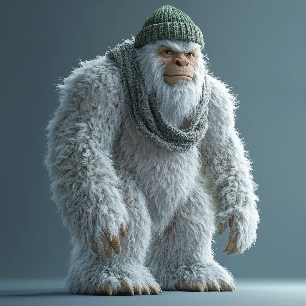 Here's a description of the image:

A digitally rendered image showcases a Yeti, standing against a muted teal backdrop.  The creature is remarkably fluffy, its thick white fur covering its entire body.  It sports a sage green knit beanie and a matching scarf, adding a touch of whimsical winter attire. The Yeti's expression is serious, almost stern, contrasting the softness of its fur. The lighting is subtle and even, highlighting the texture of the fur and the details of its clothing. The overall impression is one of a friendly but imposing mythical creature, ready for the cold.