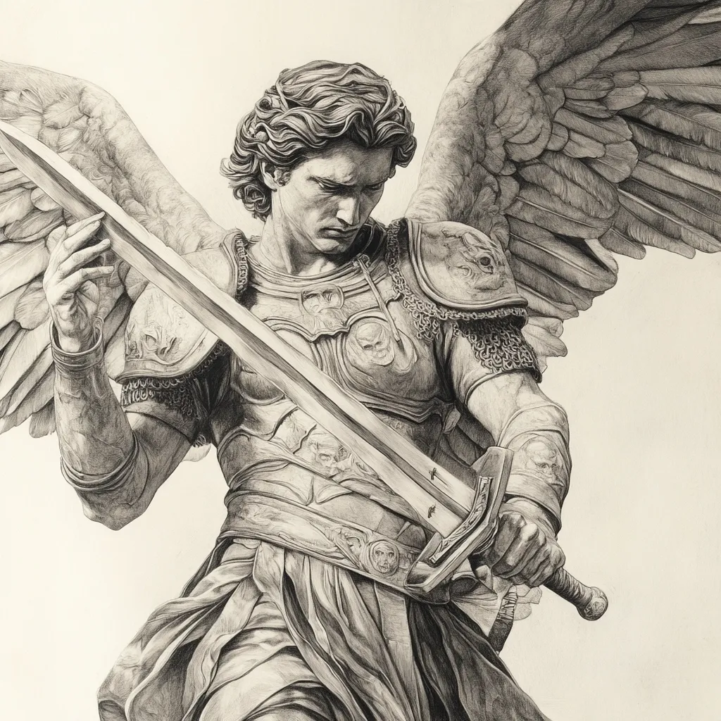 A detailed pencil sketch depicts an angel, powerfully rendered.  The angel, appearing male, is armored and wields a large sword. His wings are large and feathered, extending outward. His facial expression is serious, almost somber. The clothing and armor are intricately detailed, showcasing musculature and textural elements. The overall style suggests classical sculpture, capturing light and shadow with precision. The background is plain, allowing the angel to dominate the composition.