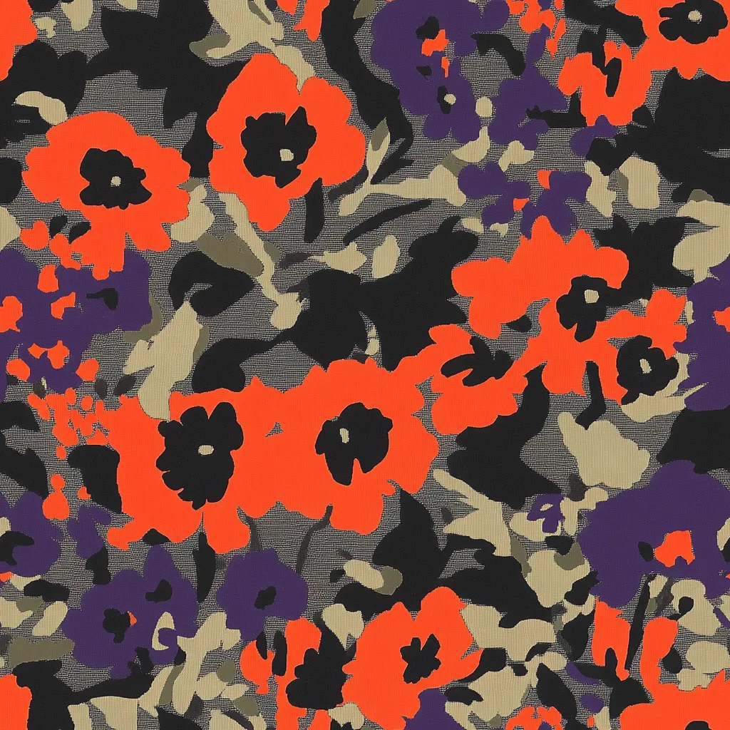 A vibrant floral pattern dominates the image, featuring a profusion of stylized flowers in bold colors.  Large, orange blooms with black centers are interspersed with smaller, purple flowers against a muted background of beige and black. The style is reminiscent of abstract floral prints, with brushstroke-like textures creating a dynamic and energetic effect.  The color palette is striking, with the bright orange creating a strong contrast against the darker tones.