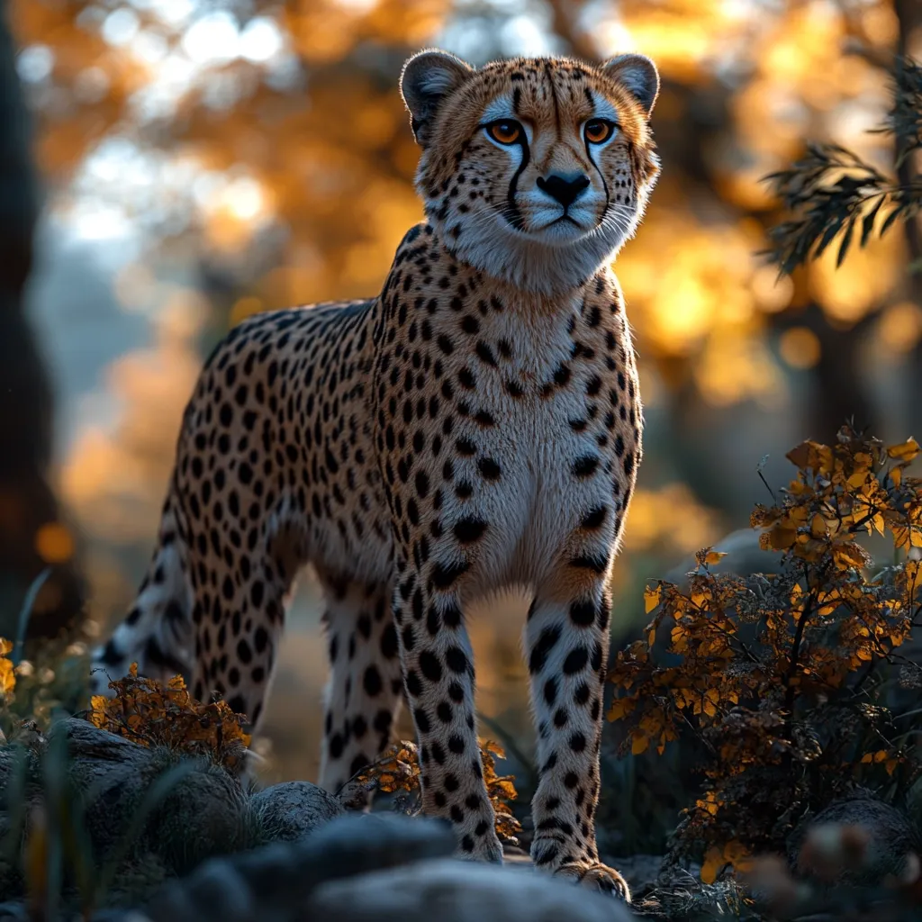 A cheetah stands alertly amidst a blurred backdrop of autumnal foliage.  The warm, golden light enhances its tawny coat, speckled with distinctive black spots.  Its gaze is directed slightly upward and to the side, conveying a sense of watchful vigilance. The cheetah's muscular build is evident, and it stands on rocky ground, partially obscured by low-lying vegetation. The overall atmosphere is one of serene wildness.