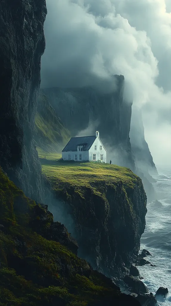 A solitary white house stands perched precariously on a verdant cliff edge, overlooking a turbulent ocean.  Dark, imposing cliffs rise on either side, shrouded in mist and low-hanging clouds. The scene is dramatic and evokes a sense of isolation and remoteness, possibly in a rugged coastal region of Iceland or similar landscape. A lone figure, possibly a human, is visible near the house, adding to the feeling of solitude. The overall mood is one of atmospheric mystery and stark beauty.