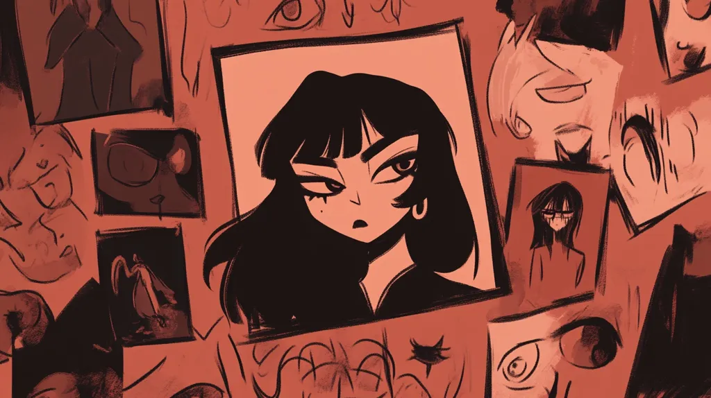 A stylized artwork features a collage of faces and portraits, predominantly in shades of orange and black.  A central, larger portrait depicts a young woman with dark hair and striking eyes, framed against a backdrop of smaller, less defined faces and sketches.  The overall style is reminiscent of graphic novels or illustrations, with a slightly unsettling, dreamlike atmosphere created by the overlapping images and muted color palette. The texture is rough and expressive, suggesting a quick, bold artistic approach.