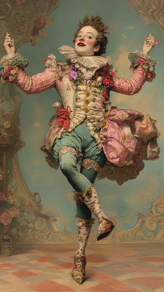 Here's a description of the image:

The painting depicts a flamboyant figure, possibly a character from commedia dell'arte, in a dynamic pose.  They are adorned in an extravagant costume; a teal and pink ensemble embellished with floral details, a large ruffled collar, and patterned stockings and shoes. The colors are rich and saturated. The background is a muted teal with an ornate, gilded frame suggesting a theatrical setting. The figure’s expression is playful, perhaps mischievous, enhancing the overall theatrical and slightly surreal quality of the piece. The artist's skillful use of light and shadow creates depth and texture in the fabric and enhances the figure’s lively energy.