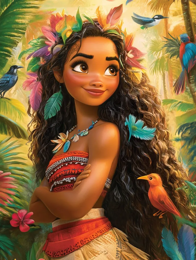 This vibrant illustration depicts Moana, the Disney princess, in a lush tropical setting.  She's adorned with a flower crown and traditional Polynesian attire, her dark, curly hair cascading down her shoulders.  Several colorful birds, including a red-orange one perched near her, add to the scene's tropical ambiance.  The overall style is painterly, with rich colors and soft lighting highlighting Moana's warm, inviting expression.