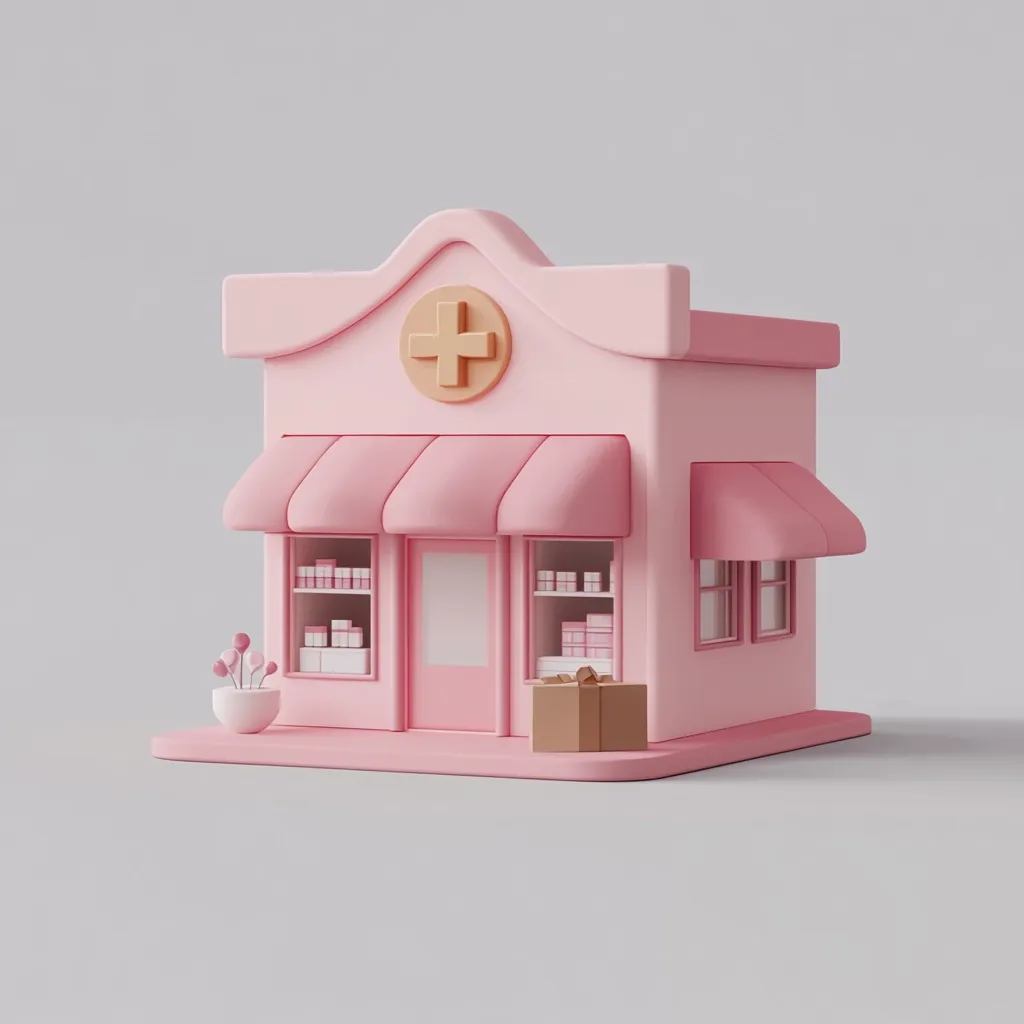 A charming, cartoonish rendering of a pink pharmacy. The building features a whimsical design with a pink awning, a prominent plus symbol, and small windows displaying neatly stacked boxes. A small potted plant sits outside, adding to the quaint atmosphere.  A cardboard box rests on the doorstep, suggesting delivery or pickup. The overall style is simple, clean, and visually appealing.
